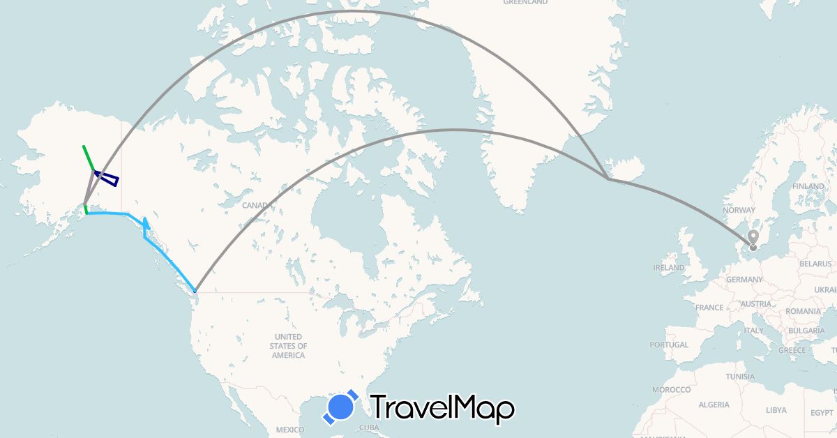 TravelMap itinerary: driving, bus, plane, train, boat in Canada, Denmark, Iceland, United States (Europe, North America)